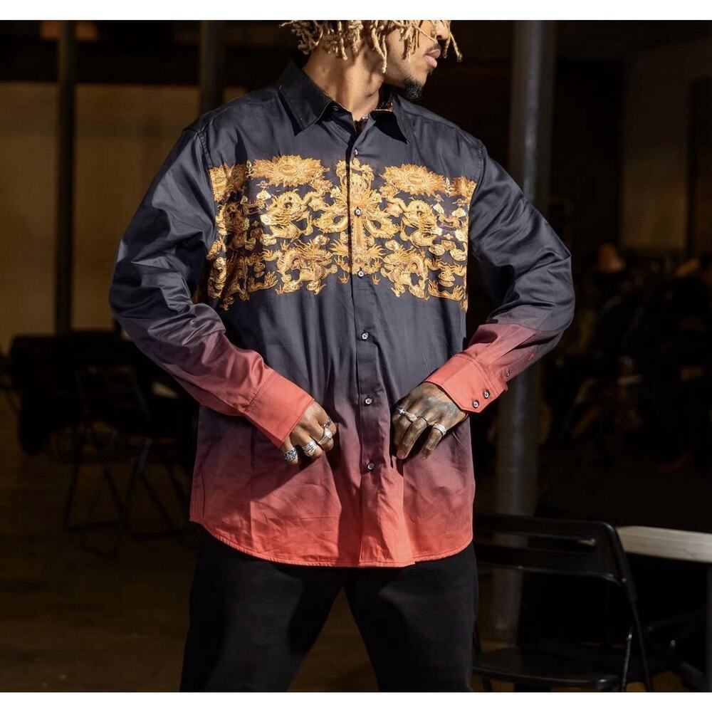 NWT $348 ROBERT GRAHAM ROYAL DRAGON COTTON SHIRT BLACK GOLD EMBROIDERY 2XL